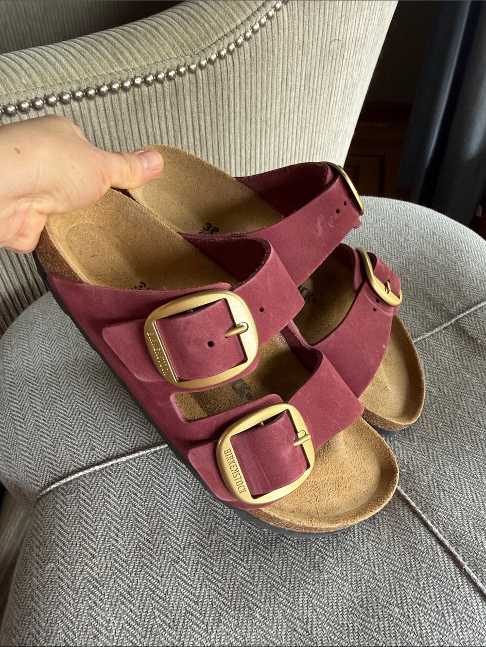 Birkenstock Arizona Two-Strap Sandals in Wine Suede with Brass Buckles - Picture 5 of 6